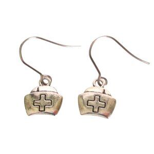 New Nurse Cap Dangle Pierced Earrings With Cross Design on Stainless Hooks